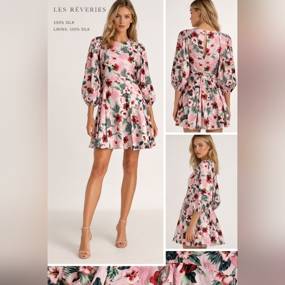 Les Rêveries Dresses & Skirts - Nwt LES RÊVERIES Floral Silk Mini Dress Blouson Puff Sleeves Hibiscus Palms